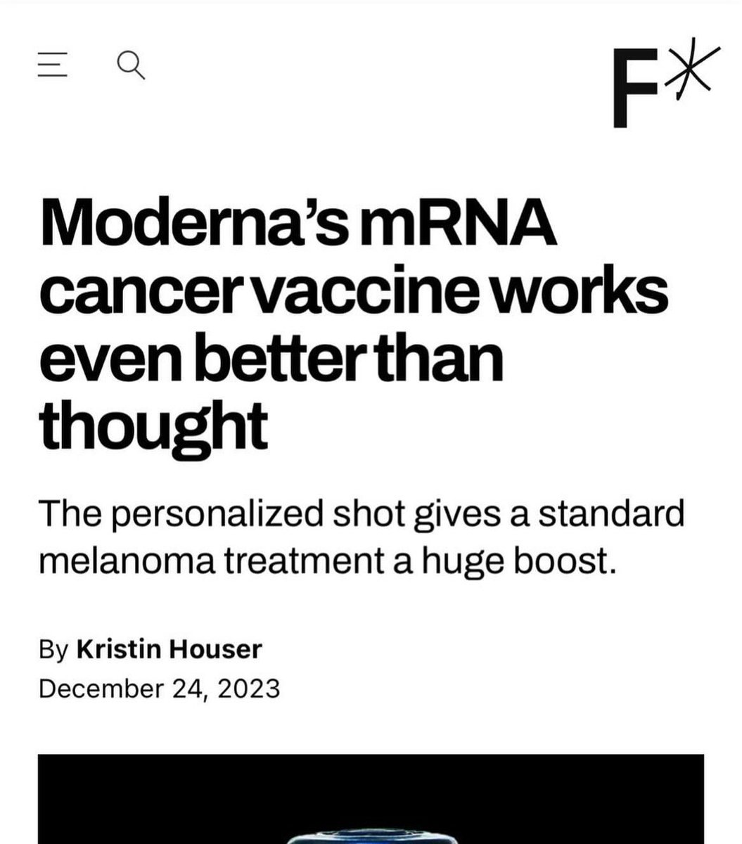 peter's tweet photo. Some good news to round out 2023 — Moderna’s mRNA skin cancer vaccine reduces recurrence or death by 49% over existing treatments!

https://t.co/zdfJmgbKnS https://t.co/T2V4aTlW5t
