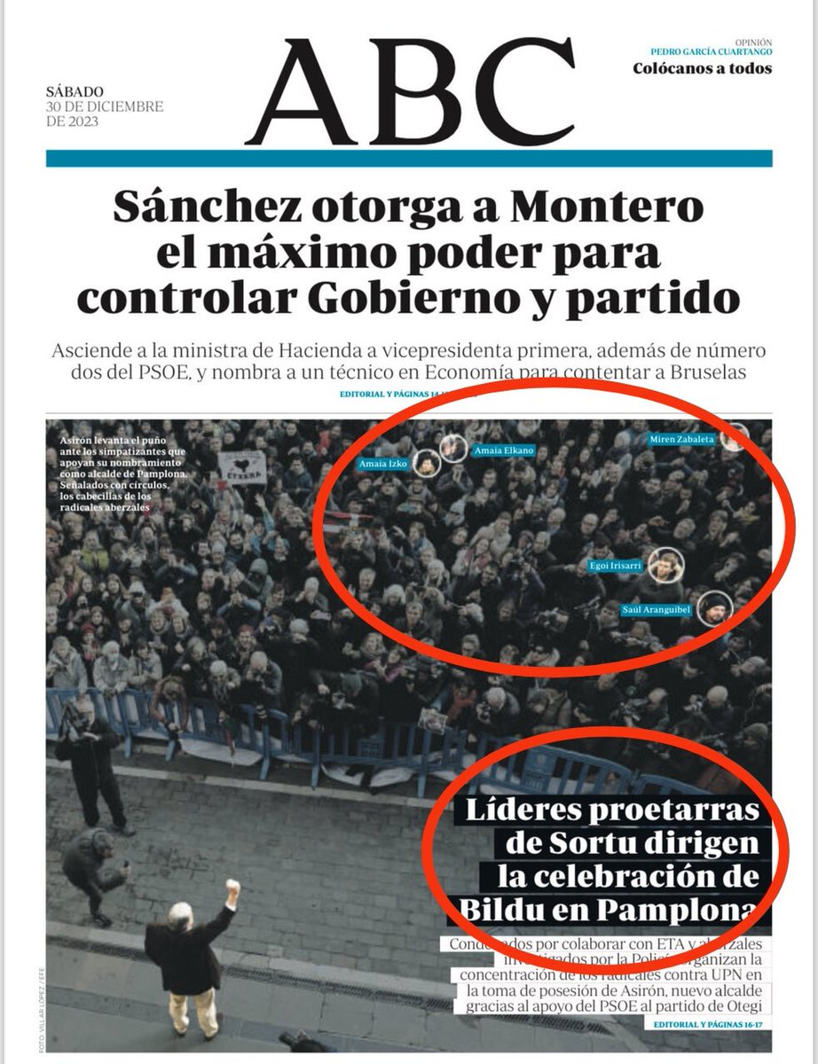 jpermach's tweet image. Urteetako errepresioaren ondorioz ohitu gara poliziaren jazarpenera baina ABCko portada  hau👇 oso larria da eta ez genuke normatzat hartu beharko. Poliziak kontzentrazio legeztatu bat zelatatzea, herritarrak identifikatzea eta komunikabide bati pasatzea larri da oso!