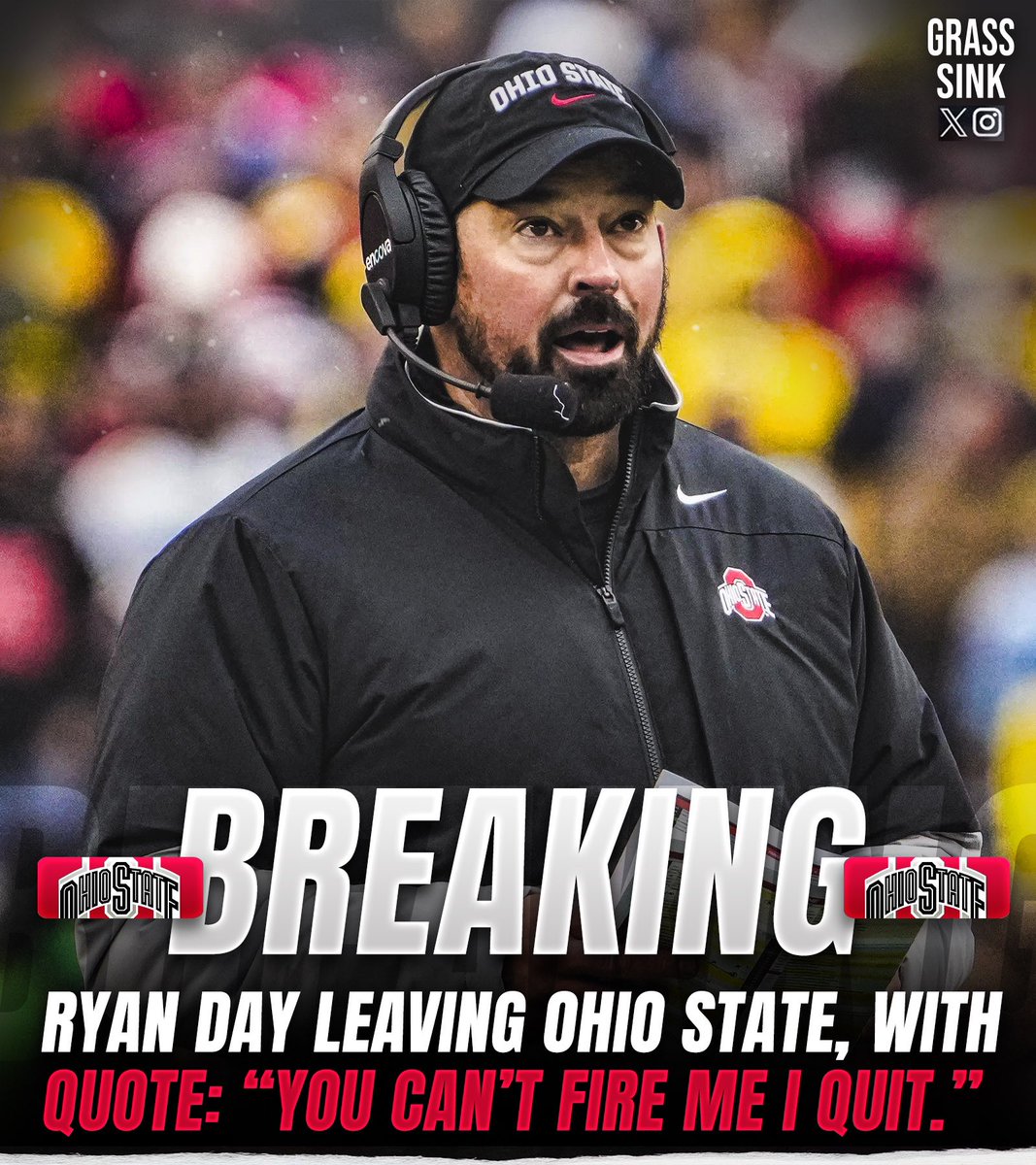 TheGrassSink's tweet photo. BREAKING: Ohio State and HC Ryan Day are parting ways.

This decision comes after the Buckeyes’  14-3 loss to Missouri.

OSU was expecting to fire Day, but before they could do so he told them, “You can’t fire me I quit.”

The lights were seemingly too bright in Columbus for Day https://t.co/AOz2PQwhhg