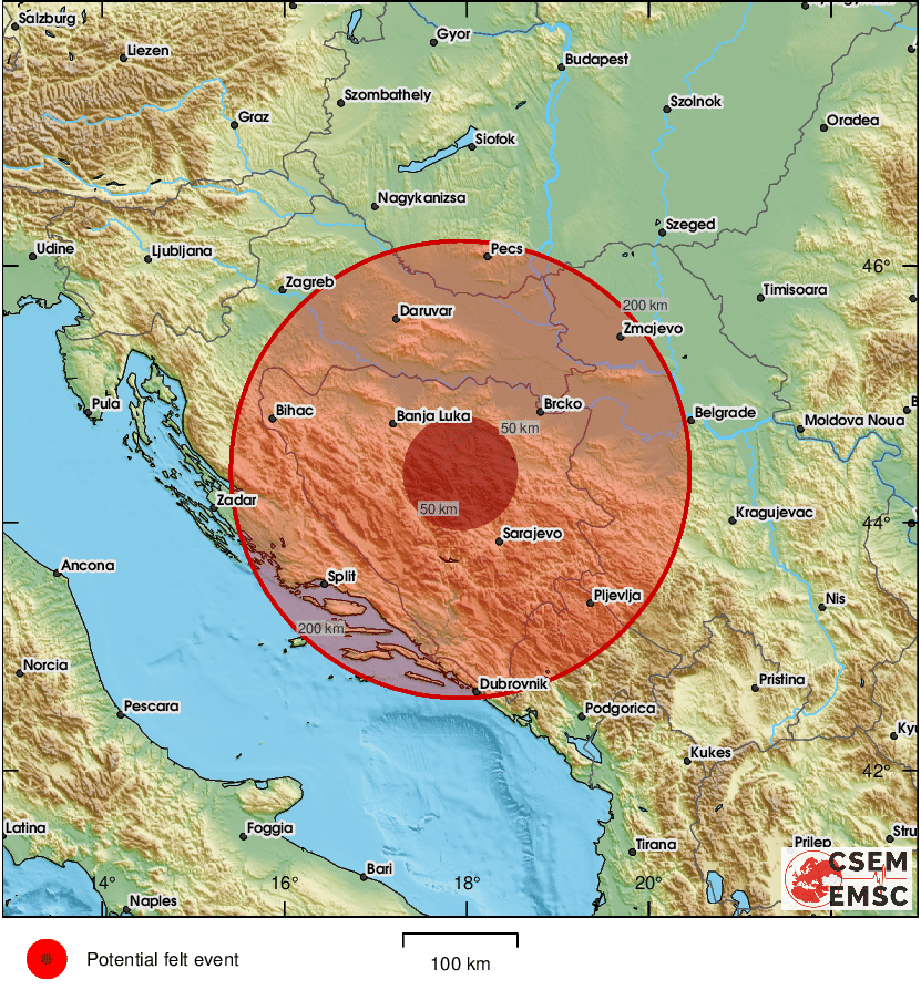 LastQuake's tweet photo. #Earthquake (#zemljotres) possibly felt 16 sec ago in #Bosnia&amp;Herzegovina. Felt it? Tell us via:
📱https://t.co/IbUfG7TFOL
🌐https://t.co/AXvOM7I4Th
🖥https://t.co/wPtMW5ND1t
⚠ Automatic crowdsourced detection, not seismically verified yet. More info soon! https://t.co/NiBF1ij7vH