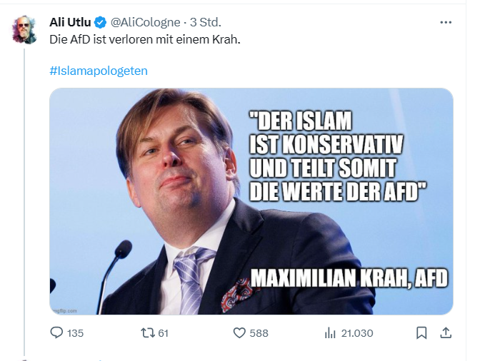 KreuzAcht's tweet photo. Der Streit in der radikalen Rechten um das Verhältnis zum Islam (weniger pauschal geht's bei denen nicht) geht weiter.
Ali Utlu greift in mehreren Tweets* Maximilian Krah an, der sich positiv auf den konservativen Islam und Erdogan bezieht. #AfD https://t.co/iRJOMjnXKD