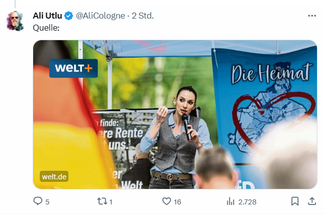 KreuzAcht's tweet photo. Der Streit in der radikalen Rechten um das Verhältnis zum Islam (weniger pauschal geht's bei denen nicht) geht weiter.
Ali Utlu greift in mehreren Tweets* Maximilian Krah an, der sich positiv auf den konservativen Islam und Erdogan bezieht. #AfD https://t.co/iRJOMjnXKD