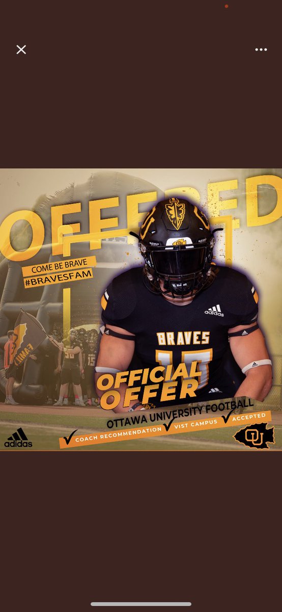 I am very blessed and happy to say that I have now received an offer from Ottawa University. Go Braves!! <a href="/coachmudd2/">Blake Mudd</a> <a href="/OttawaBravesFB/">Ottawa Braves Football</a> <a href="/CoachNickDavis/">Nick Davis</a>