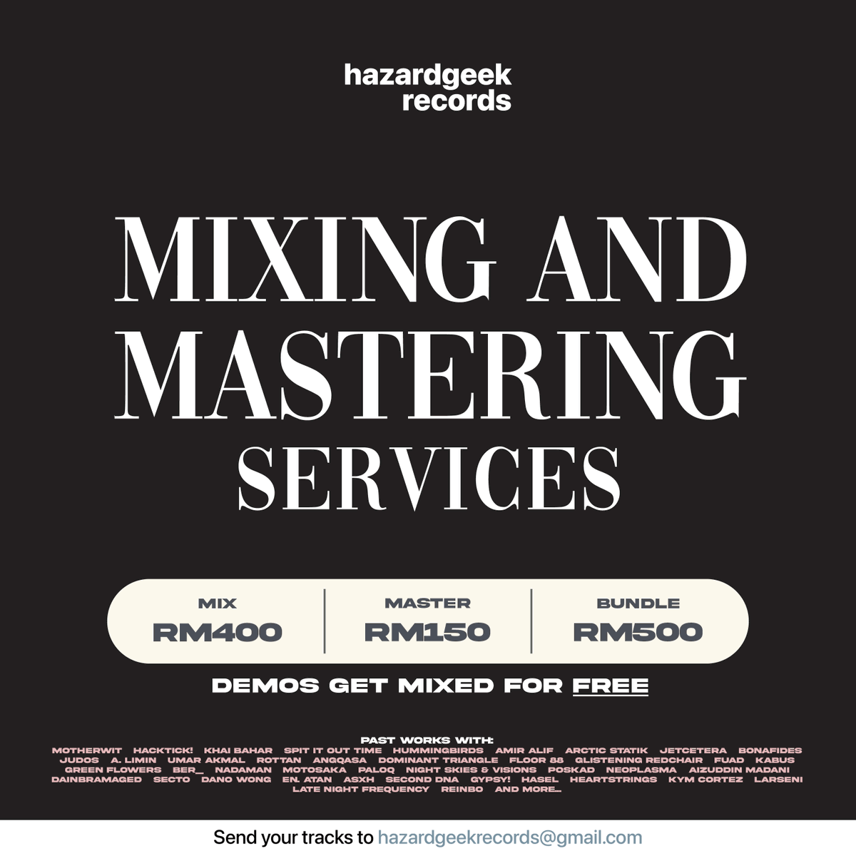 2024 is a good year to release your music. Send your tracks for mixing and mastering with us. Mix with clarity, punch, and loudness. We work with world-class quality software and plugins. Demos get mixed for FREE. Hit me up via DM or email at hazardgeekrecords@gmail.com.