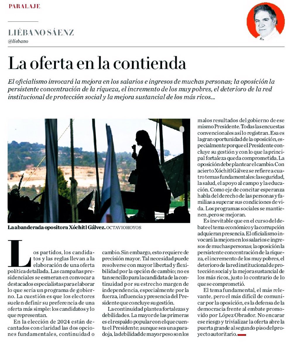 En esta contienda el tema más relevante y más difícil de comunicar por la oposición es la defensa de la democracia frente al embate promovido por López Obrador. No encarar ese riesgo abre la puerta grande al segundo piso del proyecto autoritario. @liebano