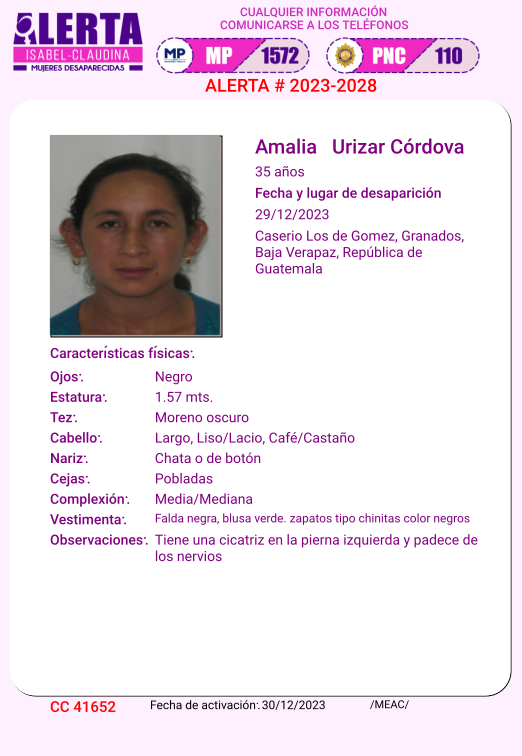 #AlertaIsabelClaudina 🚨 Ayúdenos a encontrar a Amalia Urizar Córdova Desapareció el 29 de Diciembre de 2023 Cualquier información comunicarse al teléfono 📞 1572 Gracias por difundir esta información❗