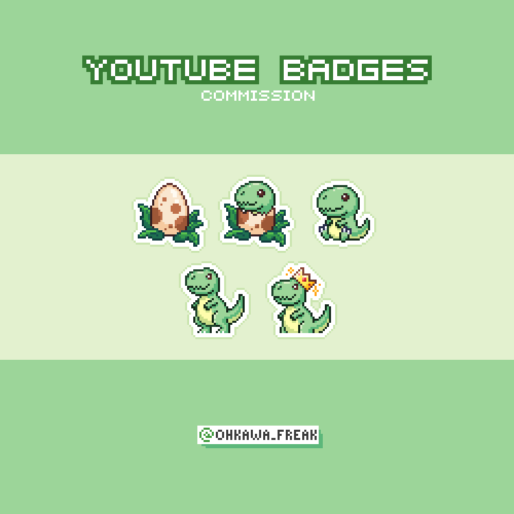 Ohkawa_freak's tweet photo. T-rex badges for @Tayrexplays 🦖
#pixelart #pixelartworks #pixelartist #pixelbadges #badges #badgedesign #twitchdesign #twitchartist #twitch #stream #streaming #ドット絵 #cute #insignias #subs #bit #emblemas #commission #rex #trex #dinosaur https://t.co/9Wr8HFxipE