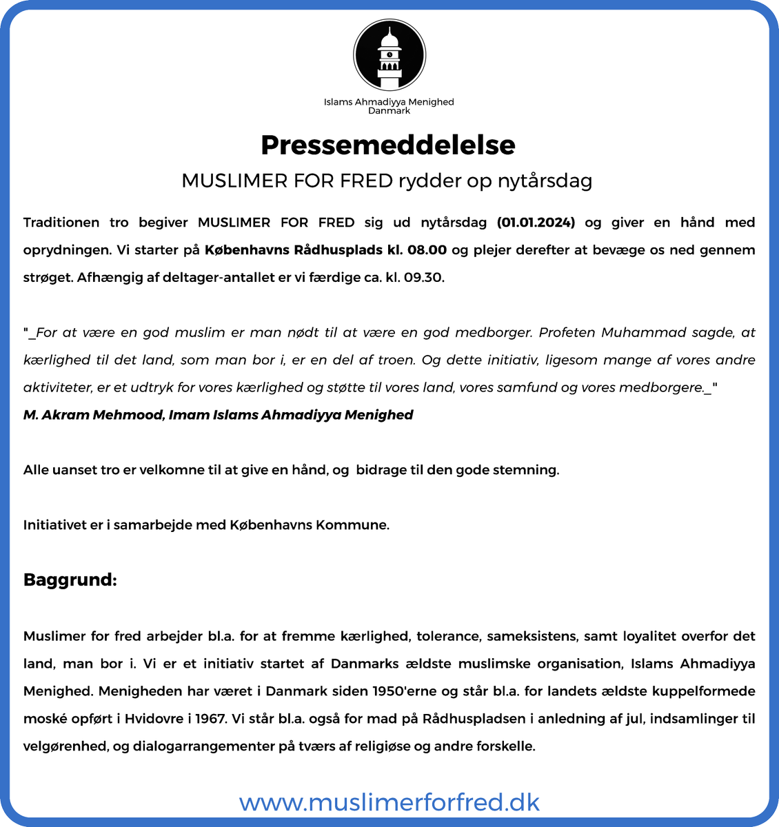 MKADenmark's tweet photo. Traditionen tro er vi klar til nytårsdags oprydning på Københavns Rådhusplads d.1. jan 2024 kl 8:00 fordi renlighed er en meget vigtig del af tro i islam.

Kærlighed til landet er en vigtig del af vores tro

Alle er velkomne til at slutte sig til
#godtnytår
#muslimerforfred https://t.co/LiixFMMhEq