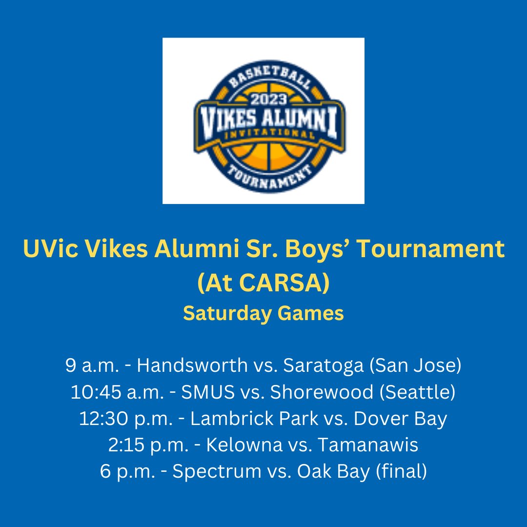 Here are today’s final-round games in the UVic Vikes Alumni Invitational senior boys’ basketball tournament at CARSA. Play begins at 9 a.m. with the championship game – between 4A rivals Oak Bay and Spectrum – tipping off at 6 p.m.