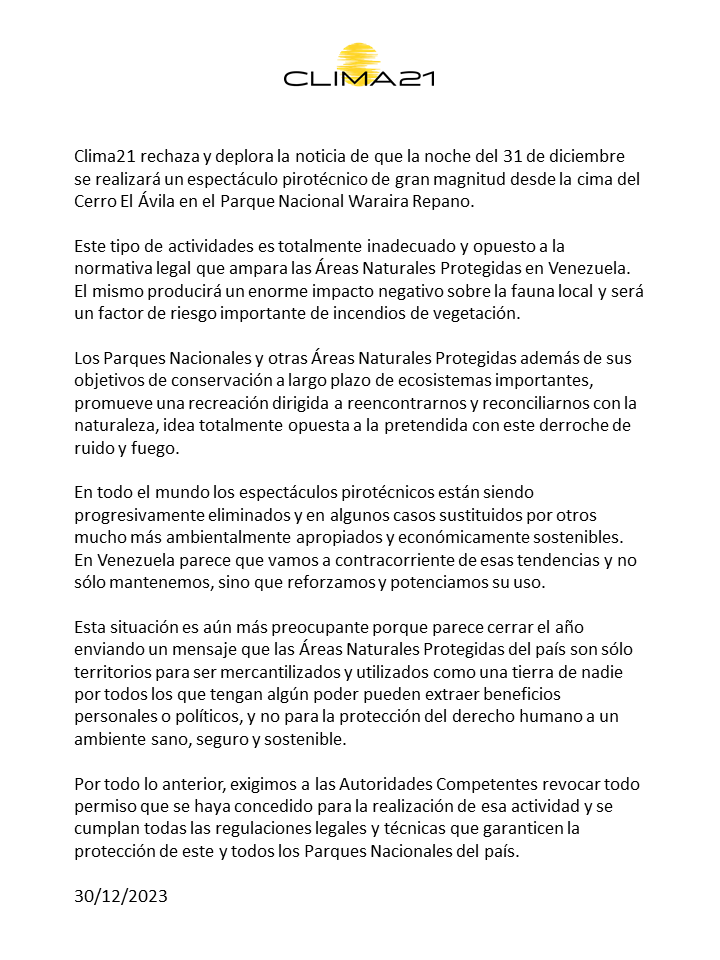 No a la pirotecnia en el Parque Nacional Waraira Repano.

No a la mercantilización de las Áreas Naturales Protegidas de Venezuela