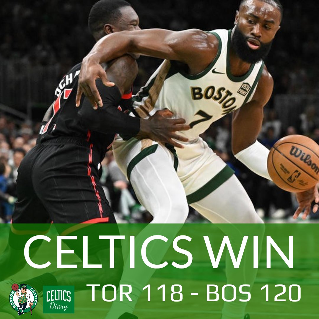 CelticsDiary's tweet photo. No JT, no Unicorn, no Big Al, no problem. Celtics beat Raptors with 120-118 victory.

Jaylen Brown take command with 31pts and 10rebs with 6ast. DWhite added 21pts and Kornet with 20pts.

Celtics remained undefeated at home. ☘️ https://t.co/zG4rFNwtlL
