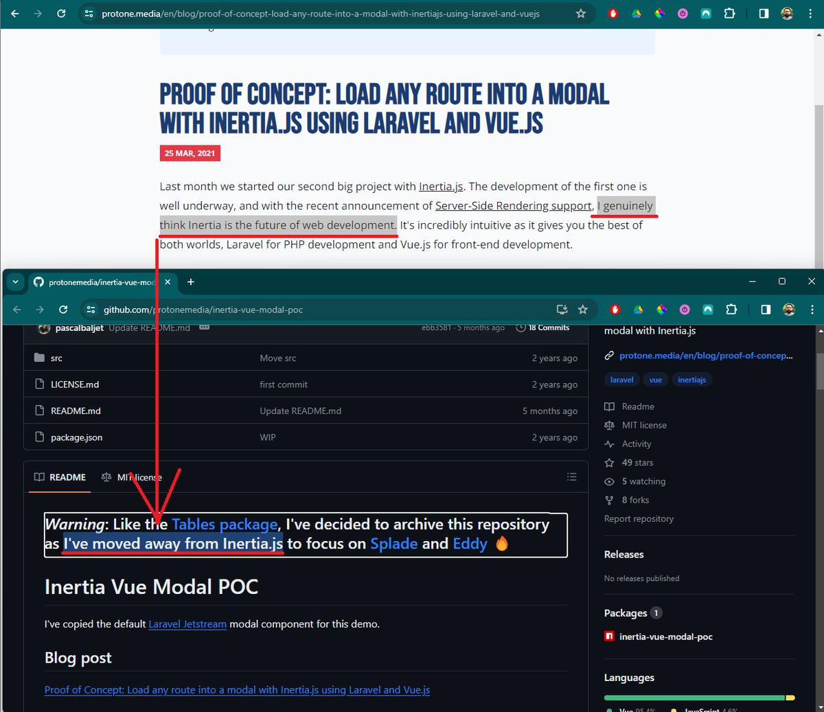 justjerry91's tweet image. Same author, 2021 vs 2023. How fast the tech stacks evolve. And this is just 1-2 years apart. #laravel #inertiajs #vuejs