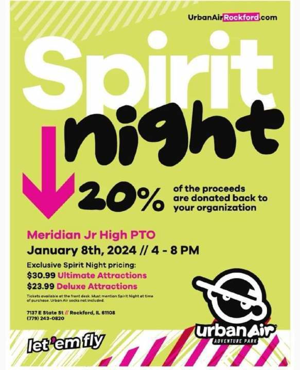 Come out and support the Meridian Junior High PTO! All are welcome but don't forget to mention the MJHS PTO when you check in at Urban Air in Rockford.