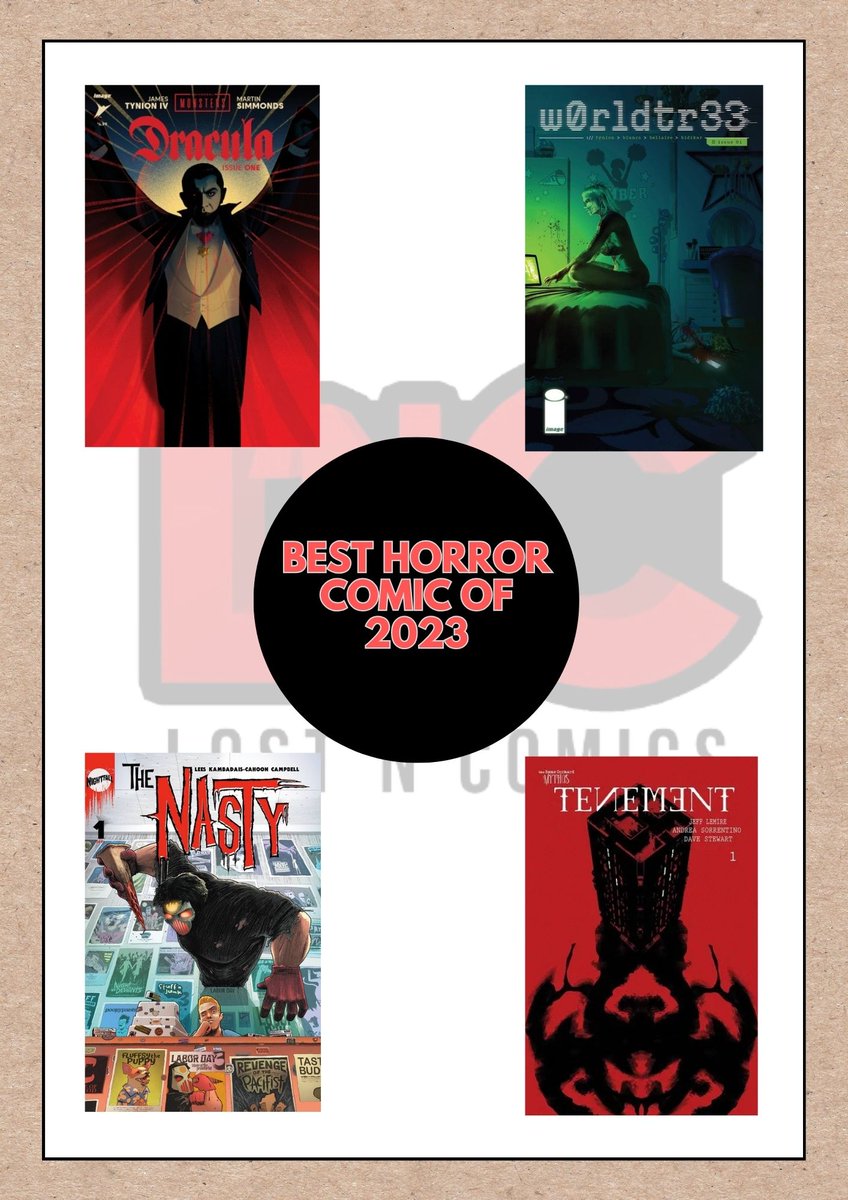 Best Horror Comic Nominees for the LnC 2023 Comic Awards: 1. Dracula 2. W0rldtr33 3. The Nasty 4. Tenement Congrats to the nominees! Please Like & RT. VOTE HERE👇 s.surveyplanet.com/mdhotwm4 Voting closes 1/2. Awards Show on 01/11/2024