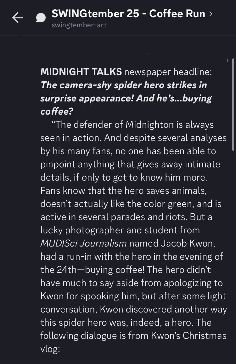 sibbydoo's tweet photo. [🕸] SWINGtember 25 - Coffee Run

Cario usually tries to avoid the media. After accidentally running into his close friend while in his suit, however, the news had some things to say. 

#SWINGtember #ProjectSWING #spidersona #spiderverse https://t.co/APsHYd7FVc