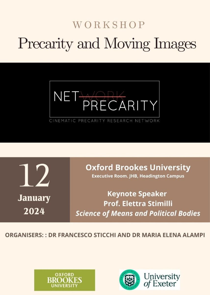 A new in-person event coming soon! After the first conference, Maria Elena Alampi and Francesco Sticchi will be hosting a workshop on the 12th of January with great presentations and a keynote lecture from prof. Elettra Stimilli #academia #research #precarity #filmstudies