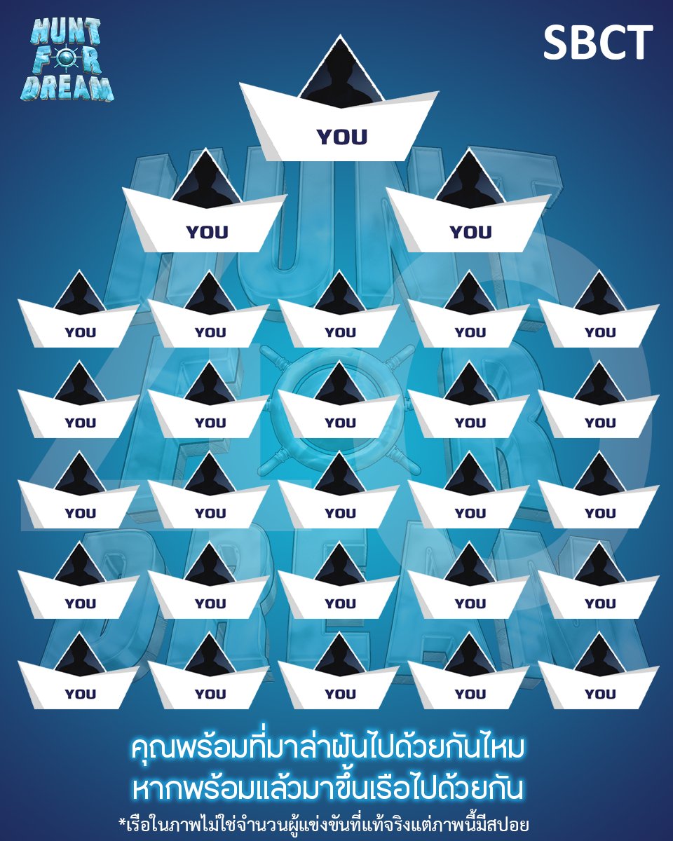 คุณพร้อมที่มาล่าฝันไปด้วยกันไหม หากพร้อมแล้วมาขึ้นเรือไปด้วยกัน
*เรือในภาพไม่ใช่จำนวนผู้แข่งขันที่แท้จริงแต่ภาพนี้มีสปอย

หากการเป็น IDOL เป็นความฝันของคุณ สมัครมาเป็นผู้ล่าไปด้วยกัน
สมัครออดิชั่น
Link : bit.ly/HuntForDreamAp…

#HuntForDream #ตามล่าหาฝัน
#SBCT #SSkyEnt #TPOP