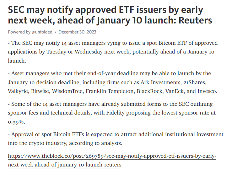 tokenmetricsinc's tweet photo. 🚨 Breaking:

🇺🇸  The SEC may notify issuers about Spot #Bitcoin  ETF approval as soon as early next week, ahead of January 10 launch.

Via @Reuters https://t.co/WRxB75BXkN