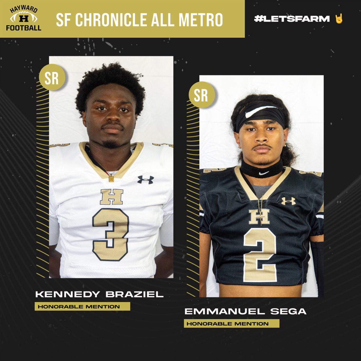 Congratulations <a href="/kennedybraziell/">Kennedy Braziel</a> and <a href="/segaE16_/">Emmanuel Sega</a> for recieiving Honorable Mention All Purpose from the <a href="/sfchronicle/">San Francisco Chronicle</a> All Metro Team 🤘

#madeinhayward #letsfarm #farmerpride