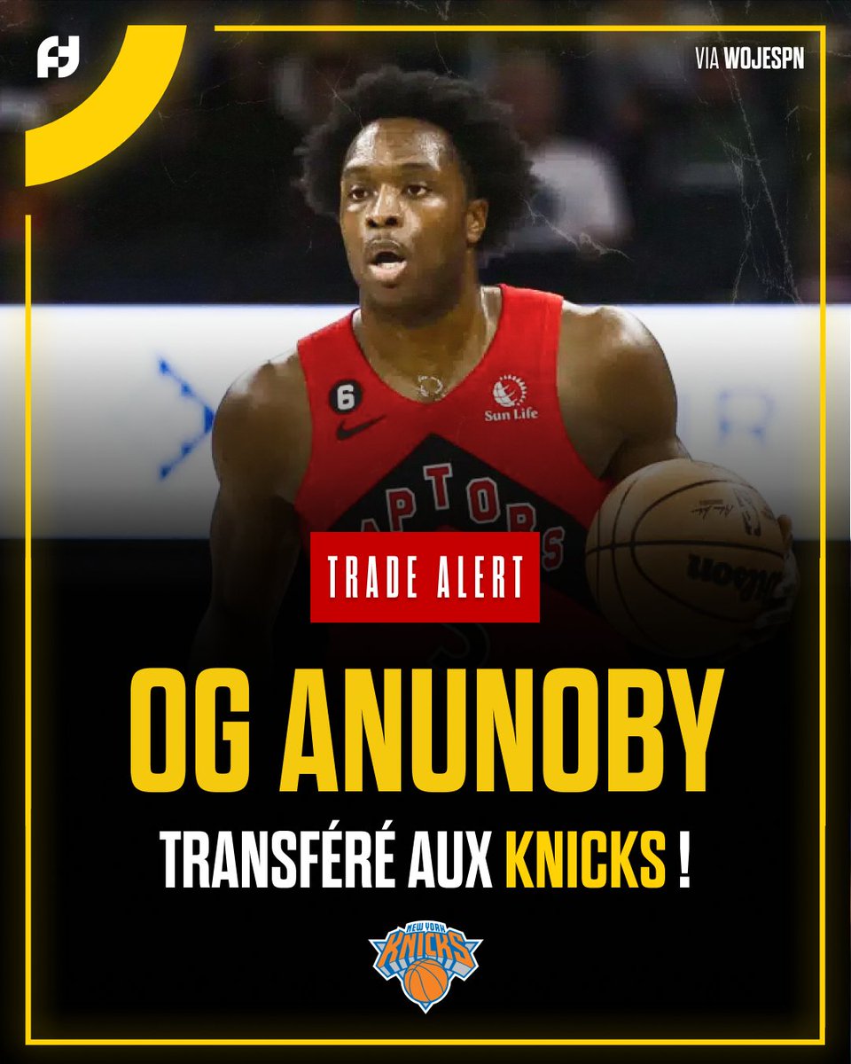 FirstTeam101's tweet photo. 𝗧𝗥𝗔𝗗𝗘 𝗔𝗟𝗘𝗥𝗧 🚨

🟠 Les Knicks reçoivent :
- OG Anunoby

🔴 Les Raptors reçoivent : 
- RJ Barrett
- Immanuel Quickley
- des tours de draft https://t.co/6KipoMZ9ON