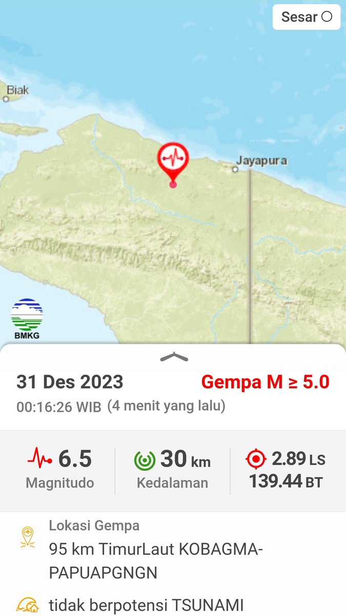 infomitigasi's tweet photo. Info Gempa Mag:6.5, 31-Des-23 00:16:26 WIB, Lok:2.89 LS, 139.44 BT (95 km TimurLaut KOBAGMA-PAPUAPGNGN), Kedlmn:30 Km ::BMKG https://t.co/KmeYA2I5mz https://t.co/Mo9DNeqdSO
