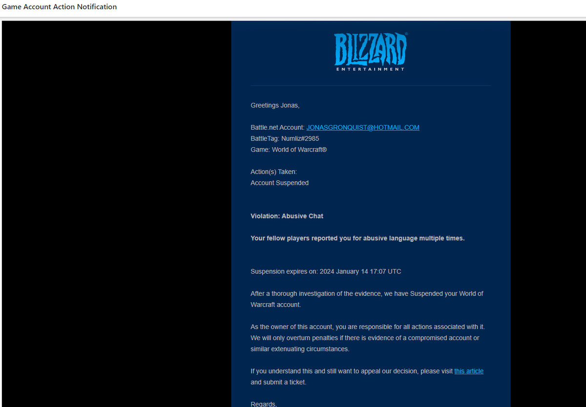 <a href="/Warcraft/">World of Warcraft</a> <a href="/WarcraftDevs/">WarcraftDevs</a> <a href="/BlizzardCSEU_EN/">Blizzard CS EU</a> <a href="/WoWEsports/">WoW Esports</a> <a href="/Asmongold/">Zack</a> 
So apparently I just got spam reported on classic for trying trying to make a gdkp run and as a result I got a 14day ban without any warning. Now I wont be able to compete for entire 2024. Justice has been served.