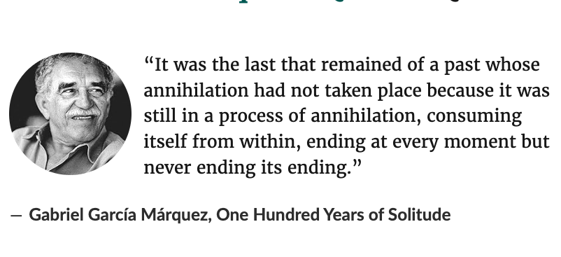 GrantSlatton's tweet photo. There was a great line I couldn't quite remember from "One Hundred Years of Solitude"

Search engines &amp; ChatGPT couldn't recall it either from my bad description

Wrote a little 20 line program to read the whole book and found it in a minute, cost 25 cents

Wild times we live in https://t.co/dFr69SEOjH
