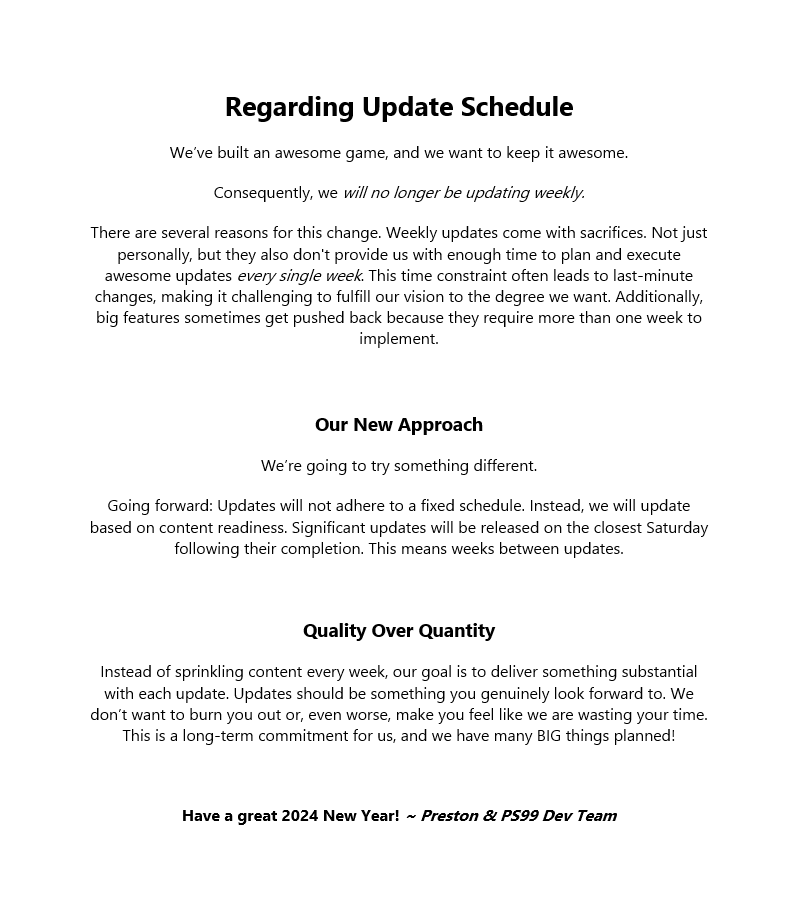 BuildIntoGames's tweet photo. Pet Simulator 99 update schedule going forward ~ https://t.co/TqdAku7J1u