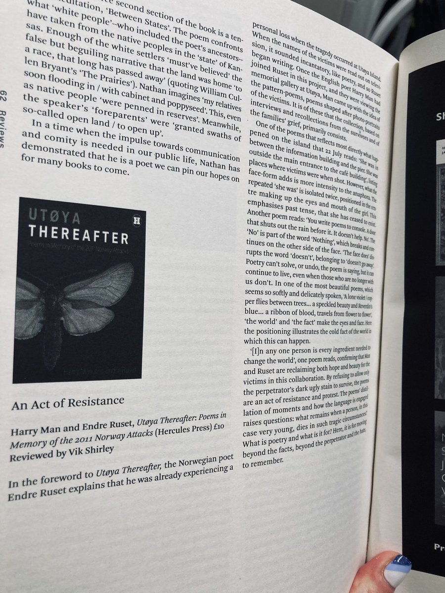 My copy of @PN_Review 274 has finally arrived, inc. my review of @HarryManTweets & @gravkapell’s, Utøya Thereafter: Poems in Memory of the 2011 Norway Attacks @HerculesEdtns. Great to see @lucy_holme, @JaneYeh3, @scabsarerats & @Gregchthomas in same issue. pnreview.co.uk/current