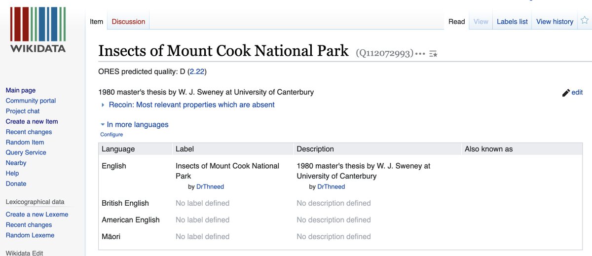 SiobhanLeachman's tweet image. .@KnitMeAThneed An unanticipated benefit of the #NZThesis project. The thesis may not be available on #BUGZ but I can now search @wikidata and get a link to the pdf of the thesis via the Lincoln University repository. A win for access to knowledge! #WikidataWin