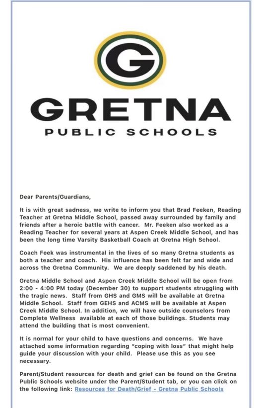 It’s a tough day in the community of Gretna and the #nebpreps basketball community. 

Dragons will play as scheduled (5:15 p.m.) today in the Metro Holiday Tournament quarterfinal game vs Papio South.