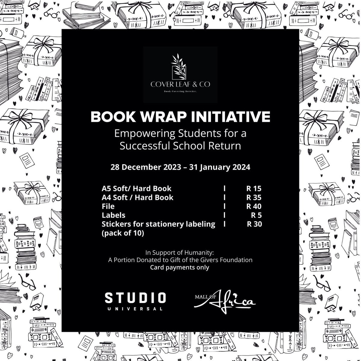TheMallOfAfrica's tweet photo. Celebrate the back-to-school season with @coverleafandco 📚
Join us in supporting the Book Wrap Initiative from 28 December 2023 to 31 January 2024 at our kiosk in the Truworths Court. A portion of proceeds goes to @GiftoftheGivers ✨
#MallOfAfrica #BookWrap #BookWrapInitiative https://t.co/C9X6tcqDSs