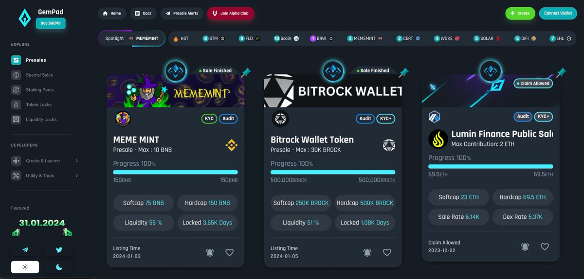 🔥💸 OVER $257,700 RAISED IN A WEEK 💸🔥

Congratulations to our 3 recent projects @MemeMintCoin <a href="/BitrockWallet/">Bitrock Wallet</a> <a href="/LuminProtocol/">LuminFinance</a> for successfully reaching their #presale hardcaps! 👏🤩

Find their sales here👇
MemeMint: gempad.app/presale/0xE957…
Bitrock Wallet: