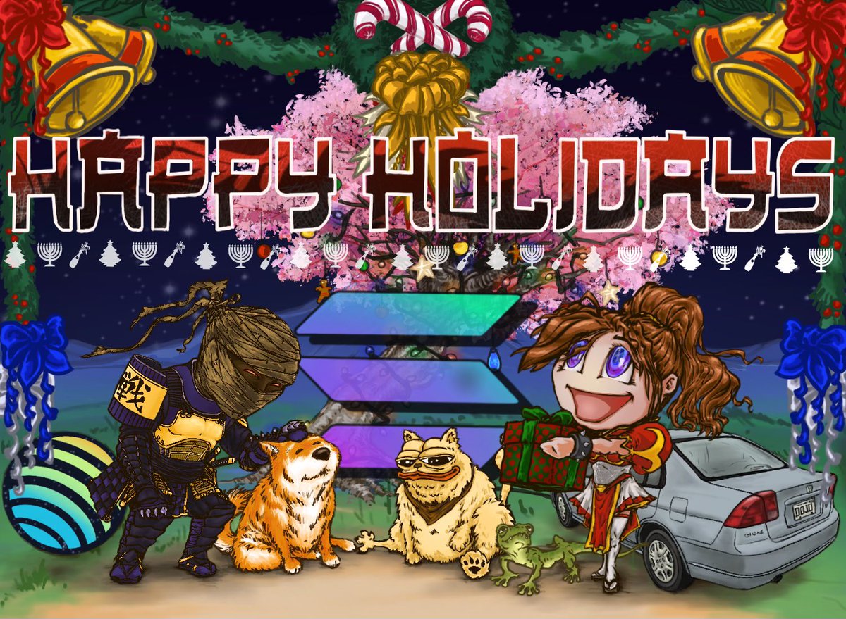 ProjektParadise's tweet image. 🍾🎉Happy Holidays from our family at Projekt Paradise to you. Hope 2023 was a banger year for y’all! We hope that your @2001civiconSOL 🚘will drive you, your @bonk_inu 🐕, @chonkysolana🐱, and @GeckCoin 🦎 out of this world 🌎 to @JupiterExchange in 2024 🎉🍾