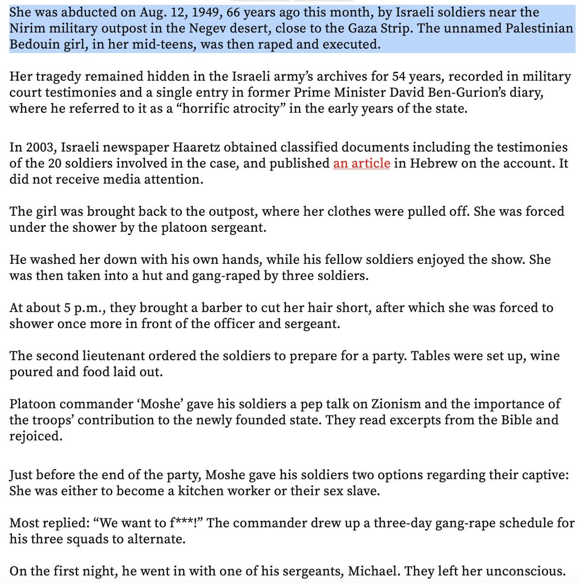 lorenzokamel's tweet image. We also have evidences coming from 1949, including the case of a young girl raped and then killed by a group of Israeli soldiers in #Nirim.

4/19