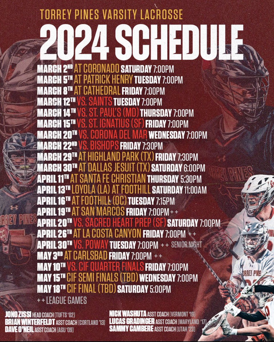 torreypineslax's tweet photo. 2024 Schedule 🚨
The falcons will once again take on a hearty strength of schedule in pursuit of their 11th title! #WeAreTP https://t.co/tizVOTOZkS