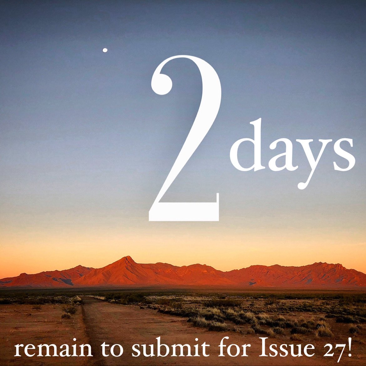 Writers! Submissions for our stunning Issue 27 close at midnight (MST) on December 31st. 

🌄 skyislandjournal.com 🌄

#skyislandjournal #literaryjournal #litmag #poetry #flashfiction #fiction #creativenonfiction #writersofinstagram #callforsubmissions #writingcommunity