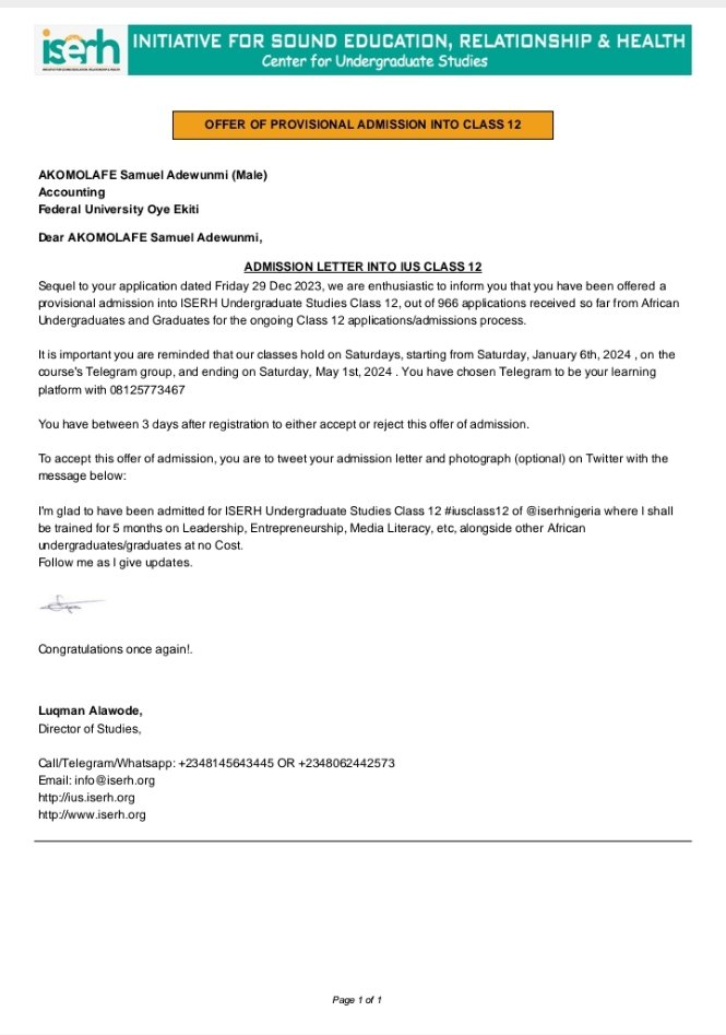 AkomolafeSamu16's tweet photo. I'm glad to have been admitted for ISERH Undergraduate Studies Class 12 #iusclass12 of @iserhnigeria where I shall be trained for 5 months on Leadership, Entrepreneurship, Media Literacy, etc, alongside other African undergraduates/graduates at no Cost. Follow me as I give update https://t.co/QgIZyLlPFh