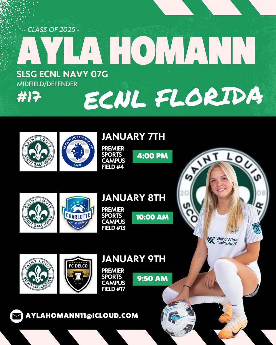 ECNL Florida is right around the corner!! ☀️🌴My team and I are beyond excited to compete at a high level and have fun together! Schedule below ⬇️ Hope to see you soon! <a href="/ECNLgirls/">ECNL Girls</a> <a href="/TheECNL/">The ECNL</a> <a href="/SLSGECNLGirls/">SLSG ECNL Girls</a> #ECNLFl