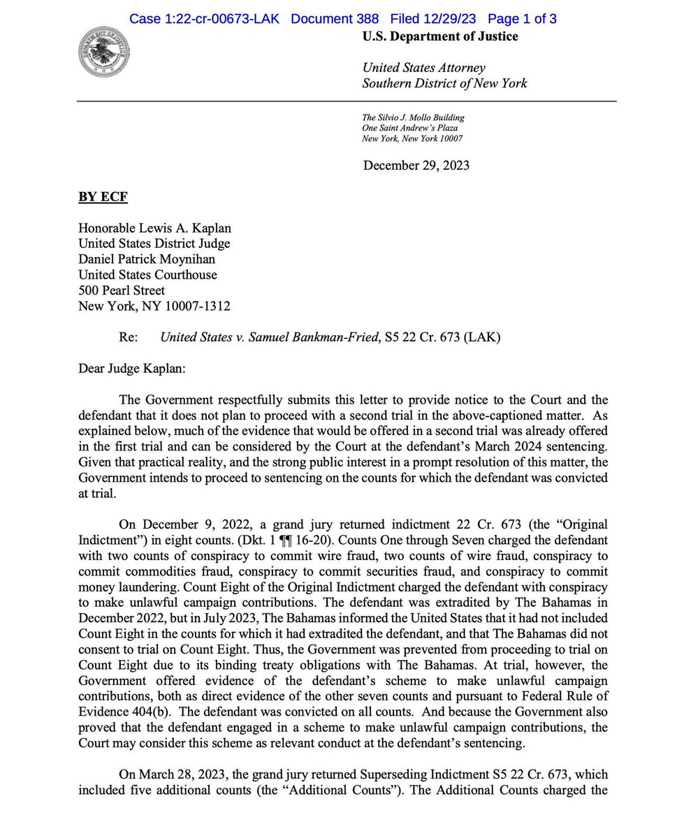 Sam Bankman-Fried donated $100 million in stolen customer funds to US politicians. 
Today, the US Government announced they're dropping six charges against SBF and will not prosecute him for a political campaign finance violation.