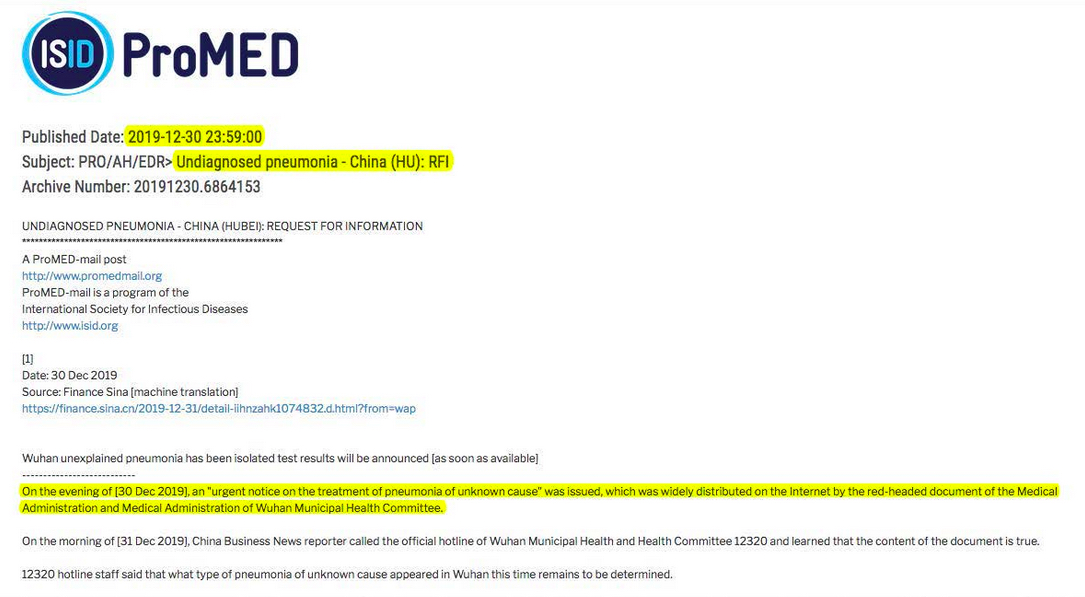 Today is the 4th anniversary of the @ProMED_mail alert.  

'On the evening of [30 Dec 2019], an 'urgent notice on the treatment of pneumonia of unknown cause' was issued...'   

#SARSCoV2 #covid19 #COVID19Pandemic #CovidIsNotOver