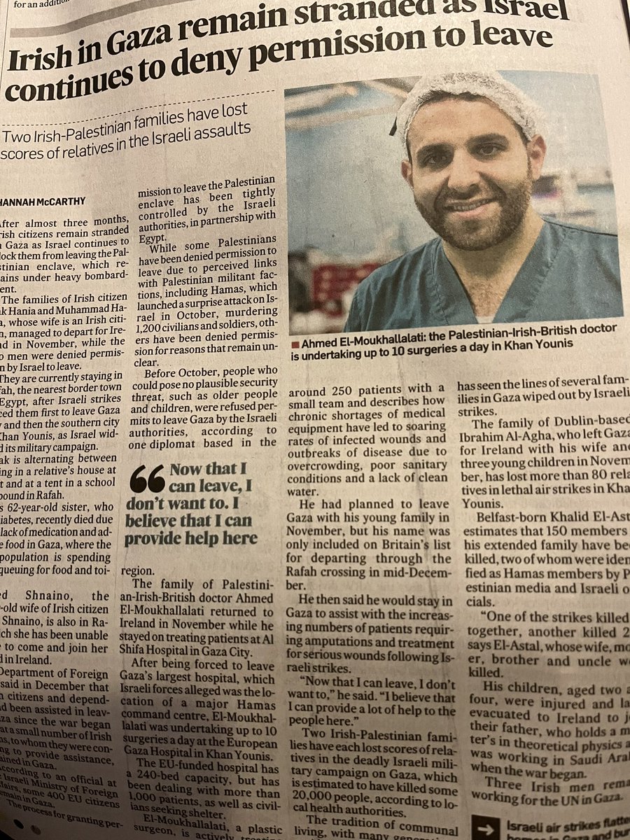 This is what Heroes look like! After weeks waiting to leave #Gaza this Irish Palestinian Surgeon was granted permission to leave but he said “Now that I can leave I don’t want to,I believe I can provide a lot of help to the people here “ #Hero @IrishTimes 💜👏