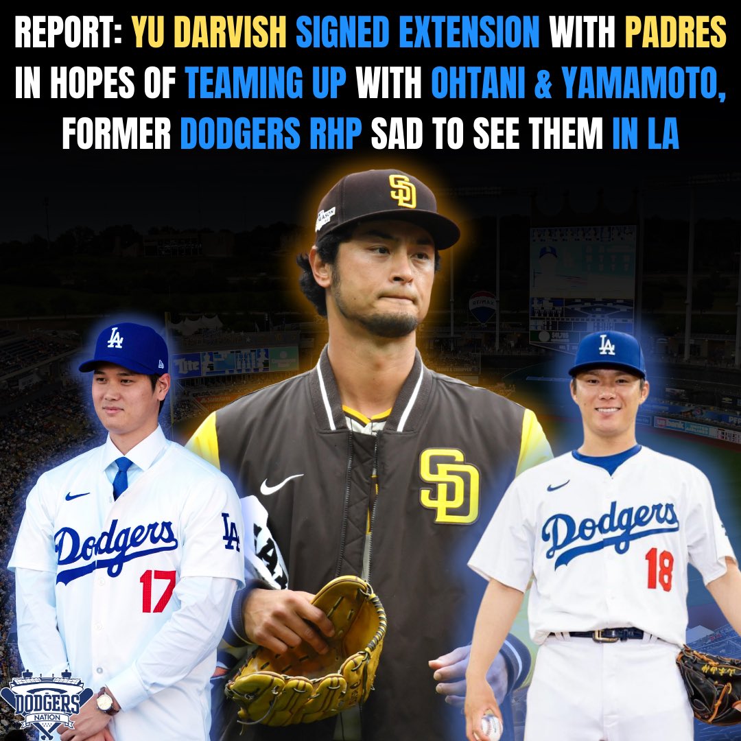 DodgersNation's tweet photo. Yu Darvish signed a $108 million extension with the Padres earlier this year hoping that the team would still have money to pursue Shohei Ohtani &amp; Yoshinobu Yamamoto.

Darvish reportedly was not happy to see both Japanese stars sign with the Dodgers instead👀 https://t.co/OmH5JXrwdK