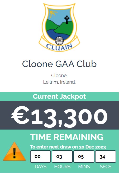 Still time left to play our Lotto Tonight 30th December in Creegan's Bar Cloone. Jackpot is 13,300   Play here: clubs.clubforce.com/clubs/gaa-cloo…
