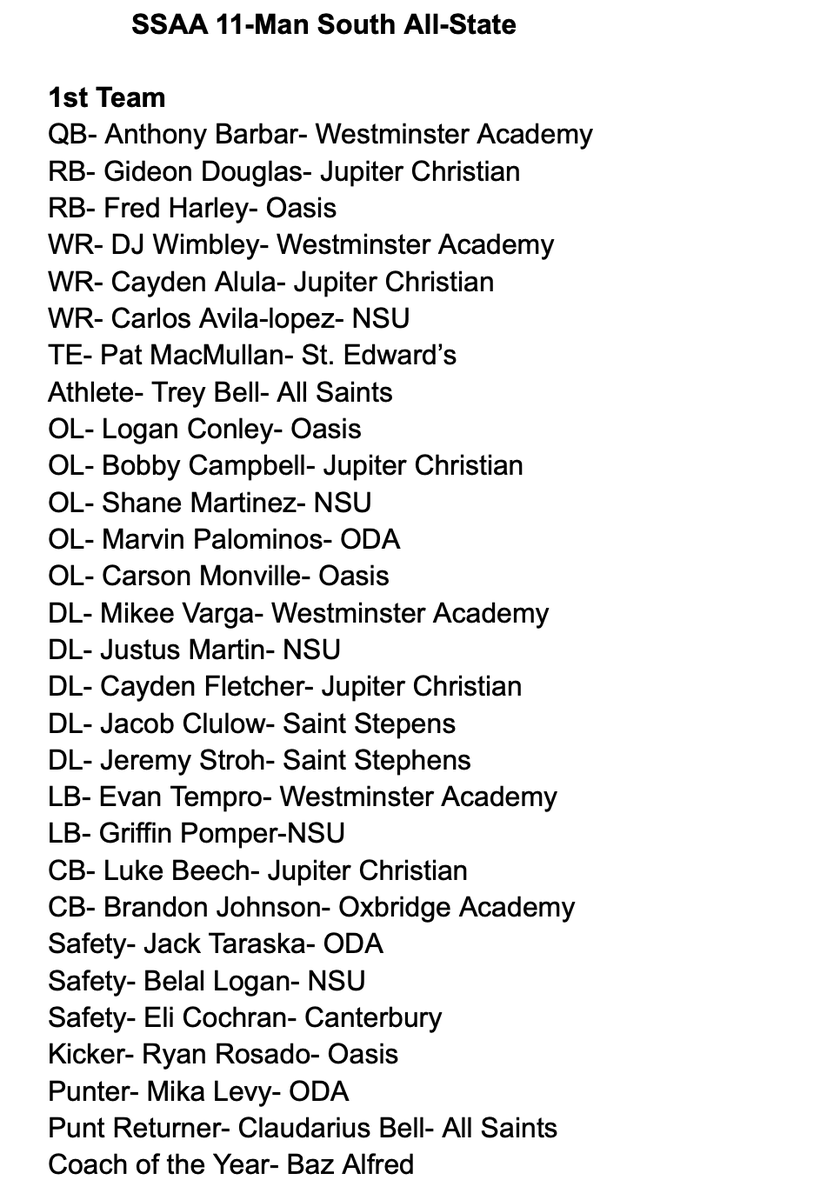 SSAAFootball's tweet photo. SSAA 11-man South All-State

@FlaHSFootball @Andy_Villamarzo @CenFLAPreps https://t.co/gi1EnaP3Kk