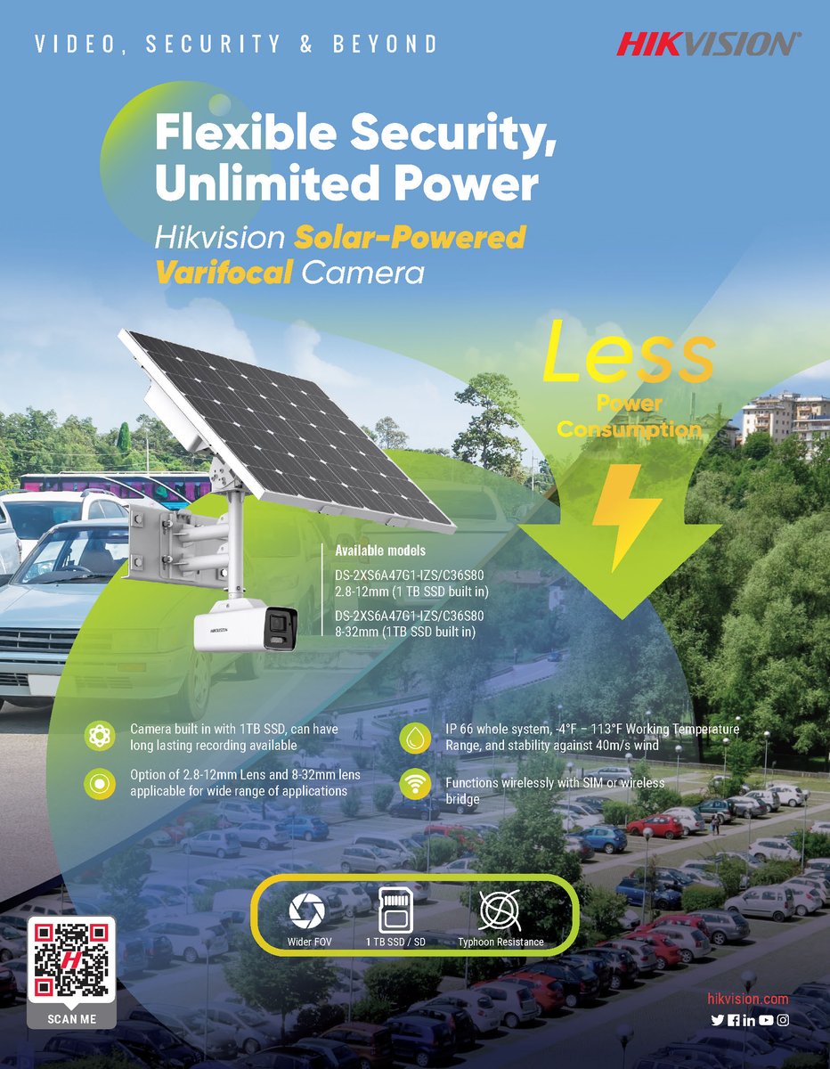 HikvisionUSAinc's tweet photo. Embrace flexible security with limitless power! The Hikvision Solar-Powered #Varifocal Camera is available in two models with built-in 1TB SSD for extended recording. Contact your local representative now to learn more: https://t.co/WLtihbHXfp #SolarPower https://t.co/lk9fFn1pDE