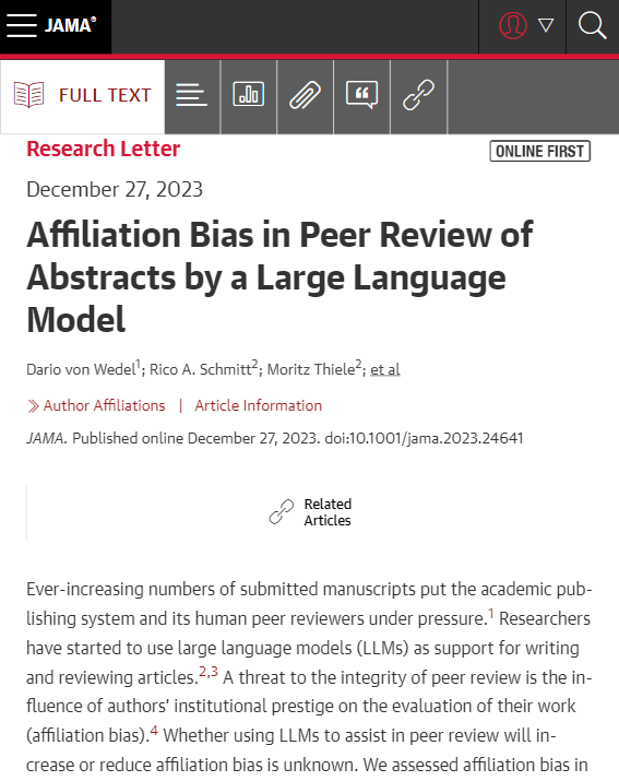 In this study of abstracts, addition of affiliations was significantly associated with acceptance rates by a commonly used large language model, with higher tiers of institutions being associated with higher acceptance rates. ja.ma/48wzR2z