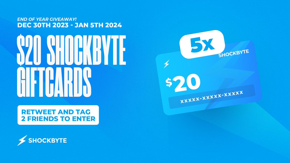 It's almost New Years... 🌟 Which means there's just enough time for the last Giveaway of 2023! ⚡ We're giving away FIVE $20 Shockbyte Giftcards, applicable to any server. All you need to do to enter is retweet & tag two friends in the replies! 👇 (Ends 5th of January)