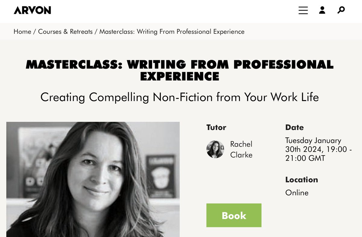 So looking forward to giving this @arvonfoundation online masterclass on how to create a compelling narrative from your professional experience. It will be interactive (for those who wish it!) &, I hope, inspiring. 7-9pm, Jan 30th. Full details below 👇 arvon.org/writing-course…