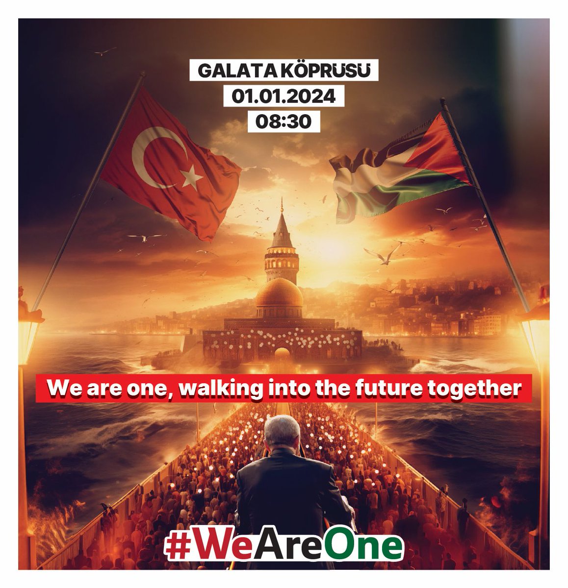 Şehirler ayağa kalkıyor: İstanbul, Londra, New York, Paris ve dahası.
1 Ocak’ta #WeAreOne diyoruz ve tüm dünyaya güçlü bir mesaj veriyoruz.
2024 yılı işgale karşı direnişin, teröre karşı cesur yüreklerin hareketiyle başlayacak.
📅 Tarih: 1 Ocak 2024
🕒  08.30
📍 Galata Köprüsü